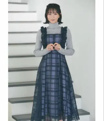 tocco closet 프릴 달린 백 레이스업 시어 체크 원피스