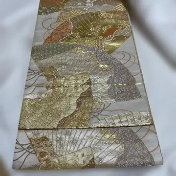 부채 문양 후쿠로 오비 골드 컬러 금사