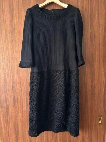미스 아시다 9 블랙 블랙 자수 레이스 이소재 원피스 7부 소매