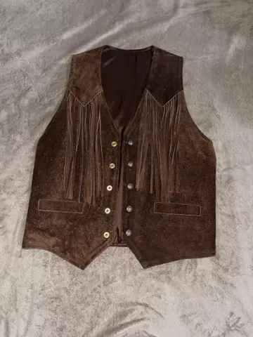 80s~ 프린지 베스트 스웨이드 브라운 가죽 소가죽 카우 레더 빈티지