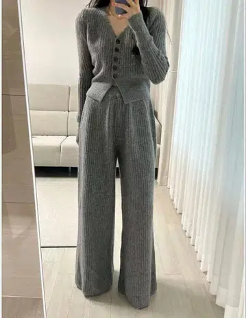 택 포함 새상품 리브 니트 가디건 팬츠 셋업 그레이