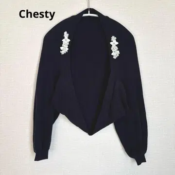 Chesty 체스티 코사지 볼레로 가디건 꽃 펄 네이비