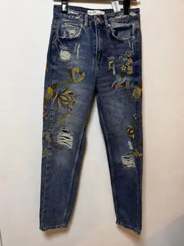 자수 데미지 데님 팬츠