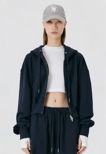 WOOALONG signature hood zip-up NAVY S