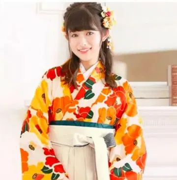 졸업식 사은회 2자 길이 기모노 오렌지 꽃무늬