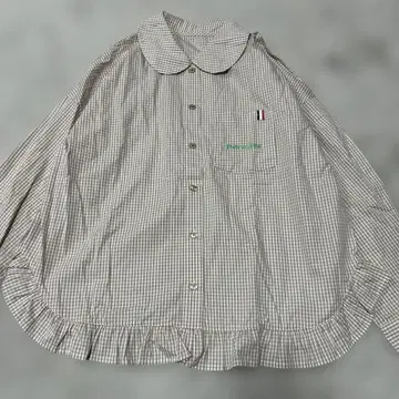 퍼슨즈 체크 무늬 프릴 긴팔 셔츠 3Lnobuo ikeda 베이지