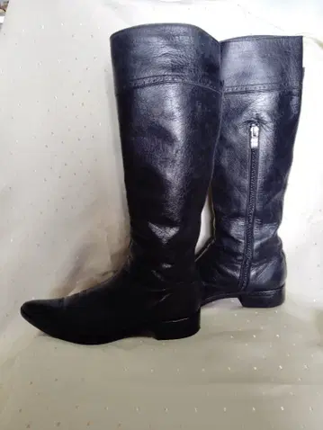 블랙 가죽 롱 부츠 지퍼 포함