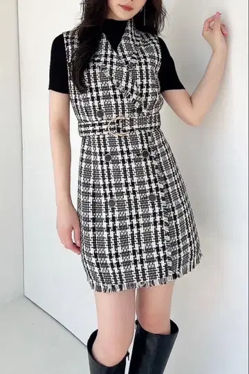 RESEXXY 프린지 트위드 미니 원피스 블랙 프리 사이즈