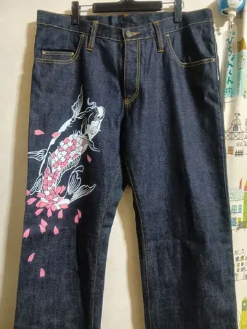 도둑 일기 데님 팬츠 잉어와 벚꽃 청바지 일본풍 패턴