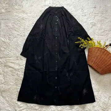 새상품 셔츠 원피스 밴드 카라 꽃풀 자수 코튼 블랙 M~L