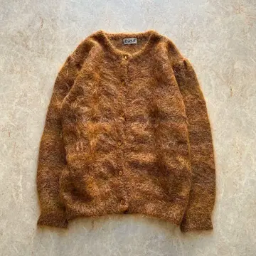 레트로 모헤어 가디건 브라운 믹스 복슬복슬 퍼프 슬리브