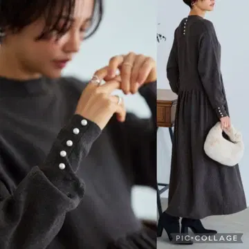 루일 에 부티크 현행 모델 펄 버튼 하이넥 돌먼 롱 니트 원피스