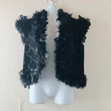 블랙 페더 베스트 깃털 프린지 Y2K 스웨이드풍 퍼 블랙 크로스 스티치