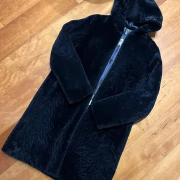 마르티니크 다크 네이비 천연 가죽 램스킨 무스탕 퍼 코트 S