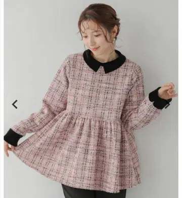 핏모아 완판 트위드 벨로아 칼라 페플럼 상의