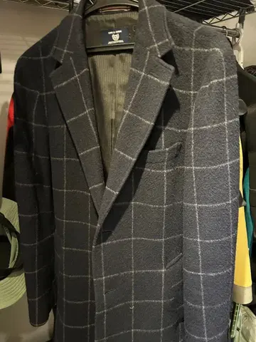 COMME CA COMMUNE 네이비 체크 무늬 체스터 코트