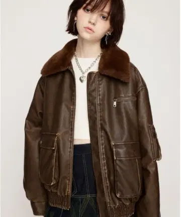 SLY 인조 가죽 블루종 브라운