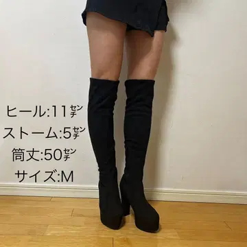 블랙 니하이 부츠 하이힐 사이드 지퍼 M size