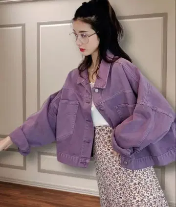 B'day 숏 기장 데님 자켓 보라색
