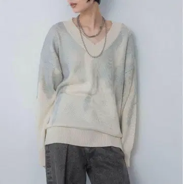 JEANASIS 하쿠 프린트 코튼 V 풀오버 면 100% 니트