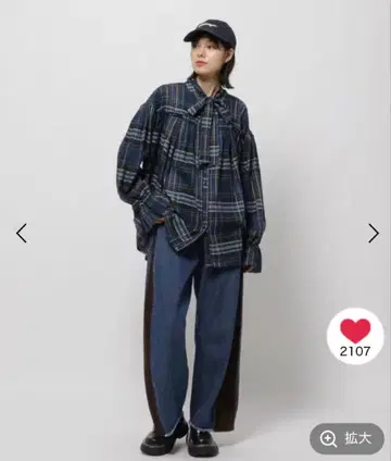 2WAY 보타이 체크 블라우스 네이비 프리 사이즈