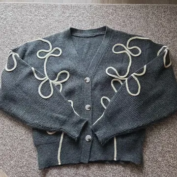 AMELY 리본 라인 니트 가디건 그레이