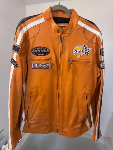 GRANDPRIX 오렌지 가죽 자켓 Gulf 로고