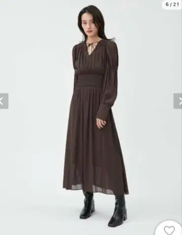 프레이 아이디 허리 셔링 쉬폰 원피스 브라운