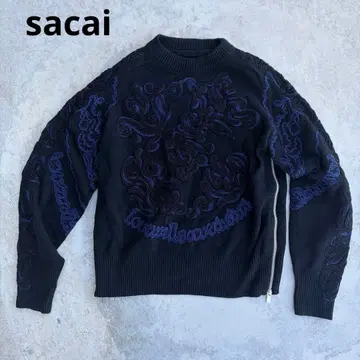 sacai 자수 장식 긴팔 니트 블랙 x 네이비