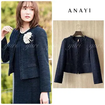 [ 943 ] 아나이 리본 얀 트위드 노카라 자켓 다크 네이비 36