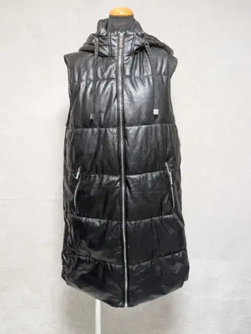 zara 후드 부착 블랙 가죽 롱 다운 베스트