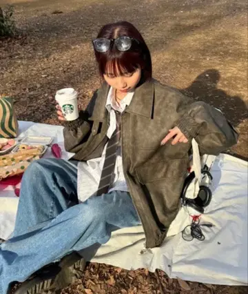 nemne store 인조 가죽 더블 지퍼 스탠드 블루종 브라운 S