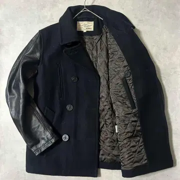 새상품급 아비렉스 멜톤 피코트 소매 가죽 이소재 더블 브레스트 L