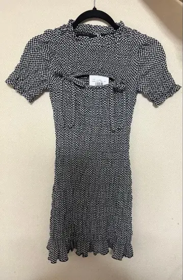 다리치 리본 셔링 체크 미니 원피스