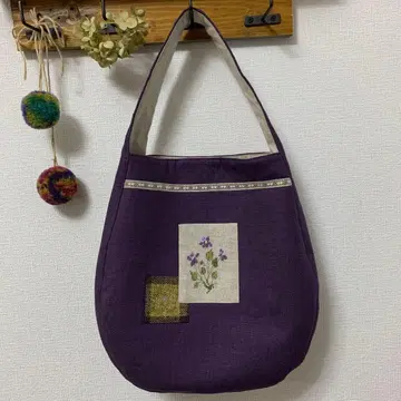 린넨 원 핸들 백 제비꽃 크로스 스티치 퍼플