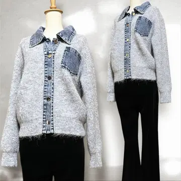 미사용 새상품 그레이 모헤어 니트 데님 도킹 가디건 긴팔