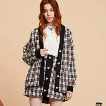 새상품급 Sister Jane 트위드 체크 하트 버튼 가디건