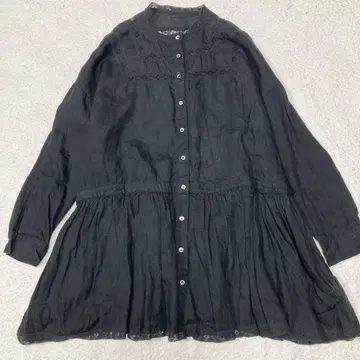 네스트로브 린넨 셔츠 레이스 개더 블라우스 긴팔 블랙 일본제