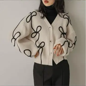 아이보리 리본 무늬 리브 가디건
