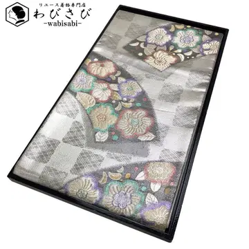 후쿠로 오비 츠지 꽃 무늬 격자 무늬 금은사 후리소데 은색 O-2298