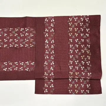 하카타 오리 나고야 오비 8촌 순수 실크 와인 레드 중고 꽃 so158