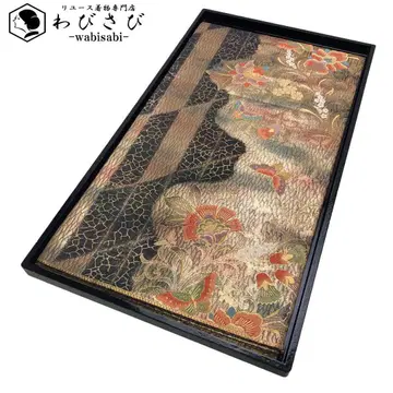 후쿠로 오비 꽃+덩굴 패턴 꽃에 춤추는 나비 금실 블랙 컬러 O-1657