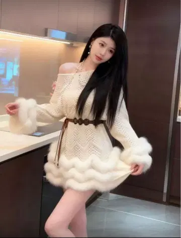 [ 미사용 새상품 ] shein 알리익스프레스 오프숄더 퍼 니트 원피스