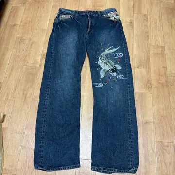 빈티지 자수 잉어 디자인 90's 데님 팬츠