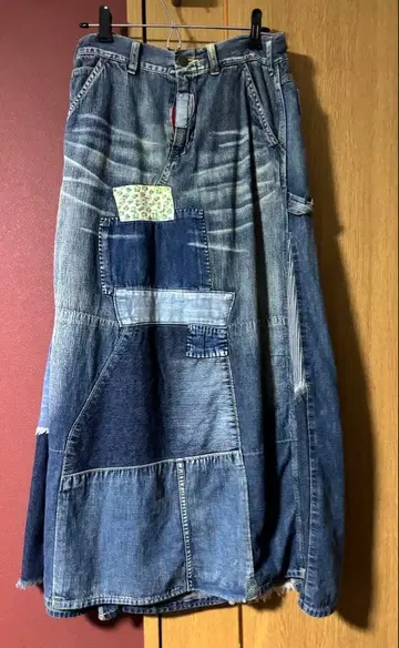 구제 데님 패치워크 롱 스커트