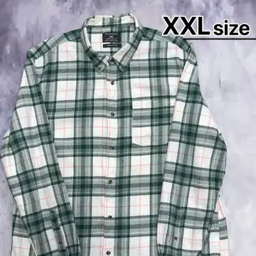 USA 구제 의류 플란넬 셔츠 XXL 그린 화이트 체크 버튼 다운