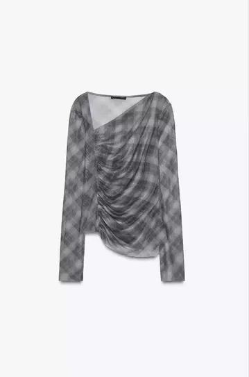 ZARA 자라 체크 무늬 튤 상의 L