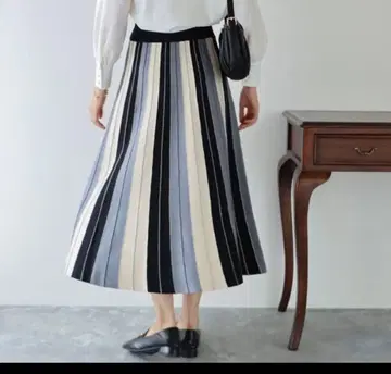 가을/겨울 배색 스트라이프 80cm 롱 스커트 니트 프리 사이즈