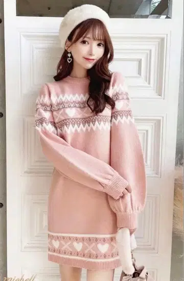 노르딕 무늬 핑크 니트 원피스