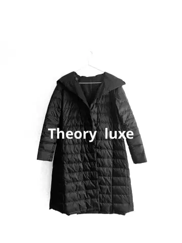 띠어리 럭스 후드 부착 다운 롱 코트 네이비 38